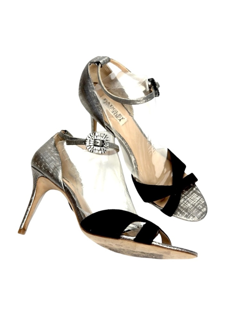 Badgley Mischka Mixed-Media Stiletto Heels – Black & Silver – Size 8